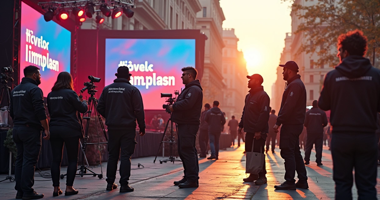 Equipe prepara palco de campanha eleitoral com equipamentos audiovisuais. 