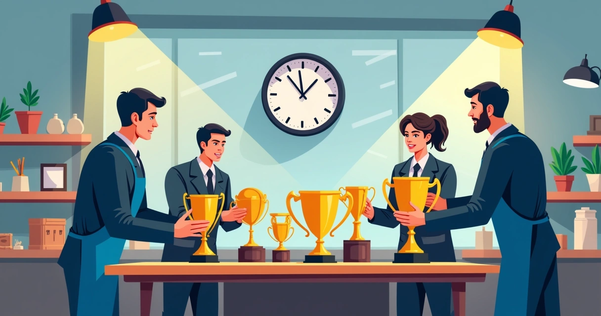 Equipe produzindo troféus em oficina com relógio grande ao fundo 