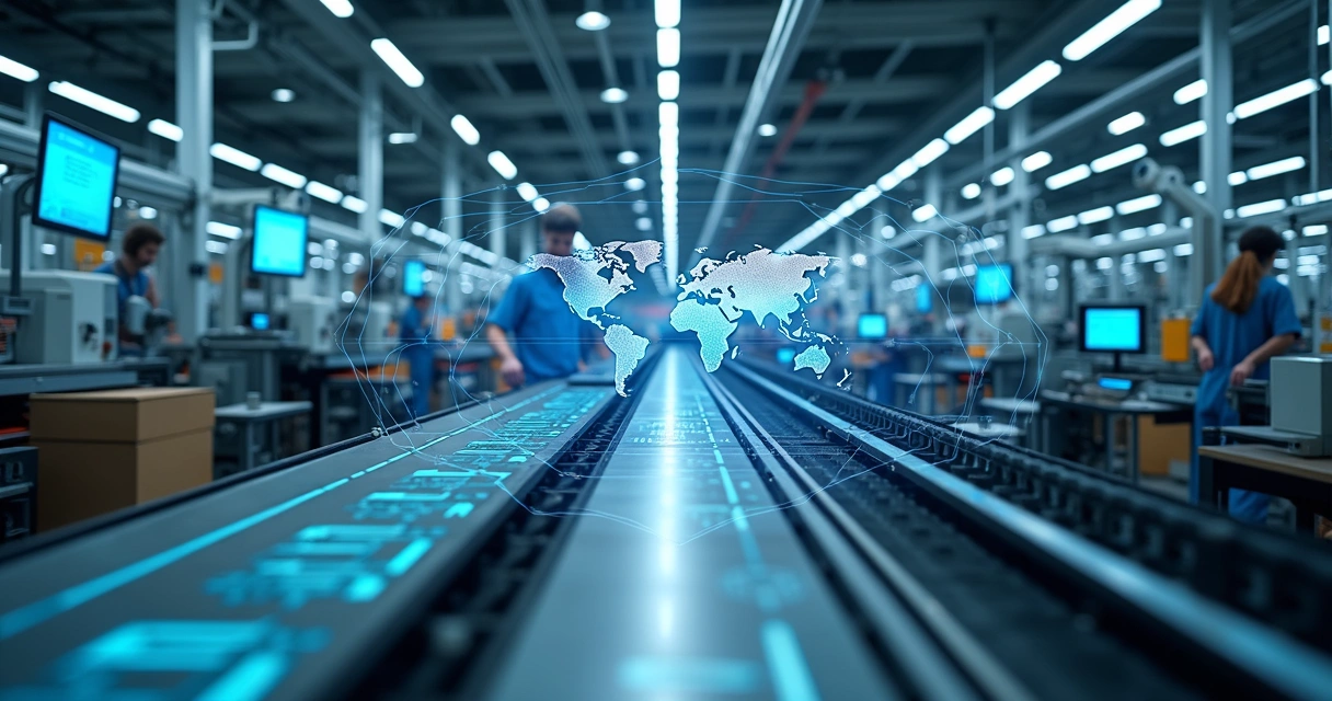 Linha de produção industrial monitorada digitalmente com dados em tempo real 