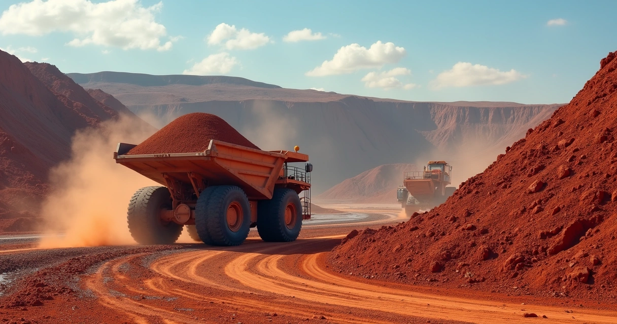 Caminhão transportando minério em mina a céu aberto com céu claro