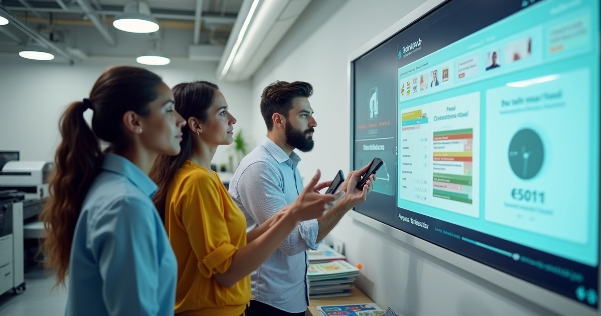 Equipe visualizando monitor de produção de pedidos em ambiente de gráfica 