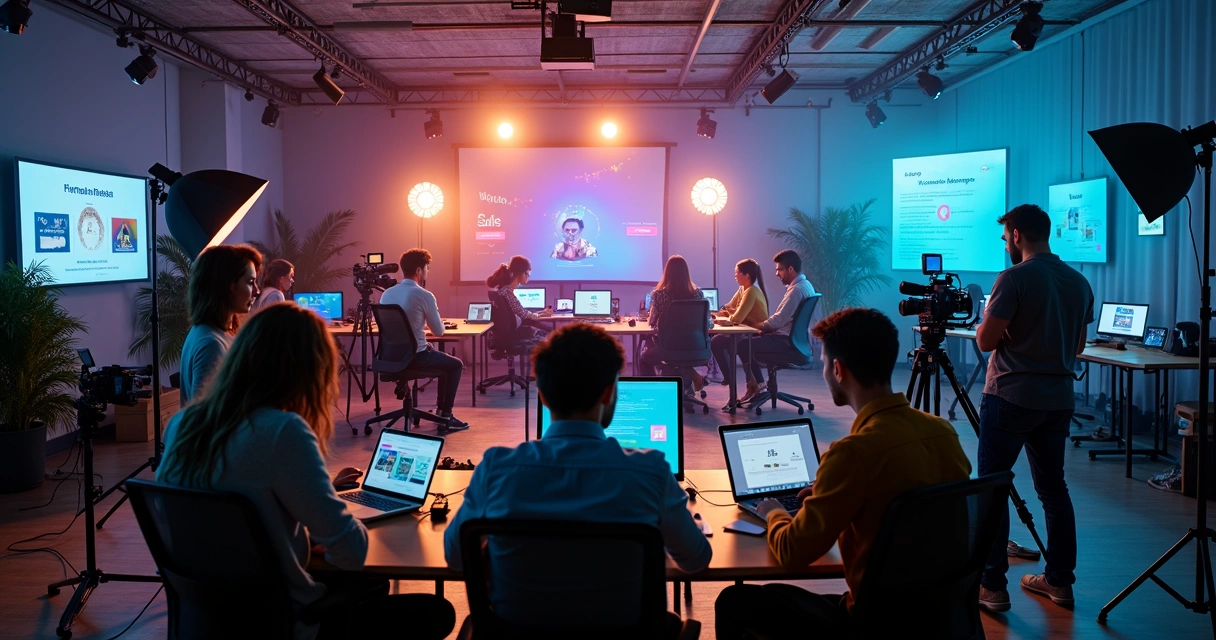 Grupo produzindo vários vídeos e posts ao mesmo tempo em um estúdio colorido 