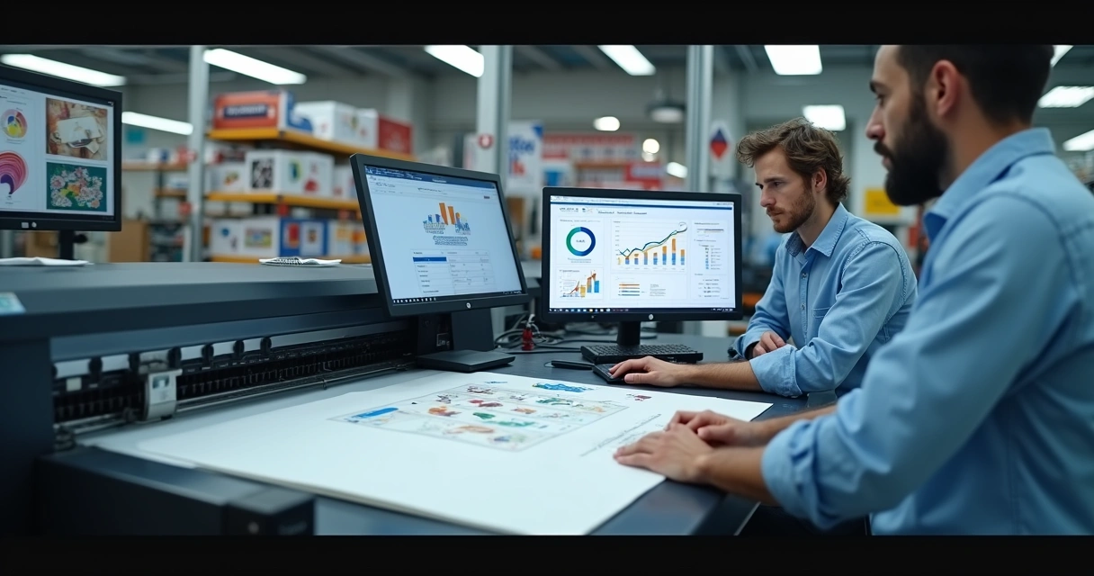 Linha de produção gráfica automatizada com computadores e prateleiras de material gráfico