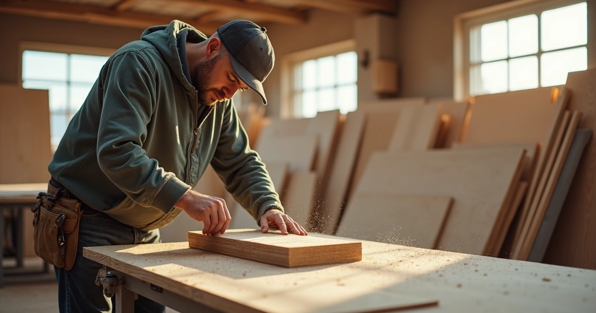 Profissional de marcenaria cortando madeira em oficina 