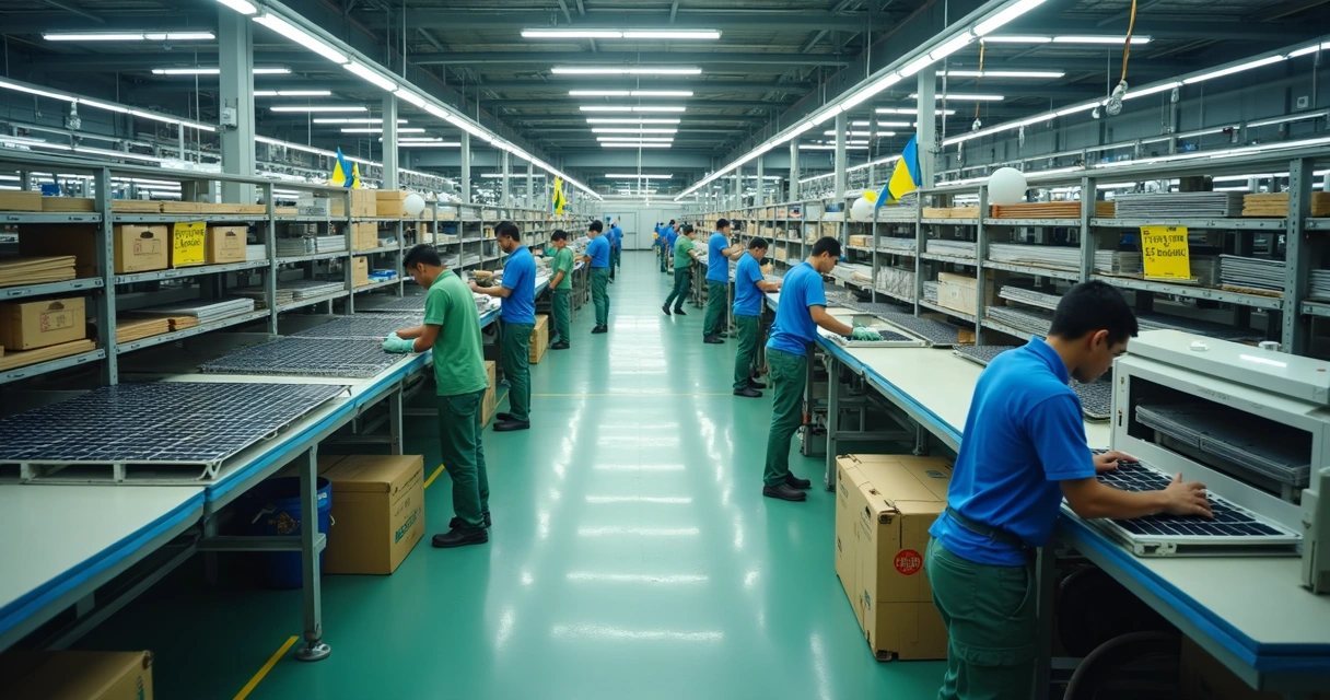 Linha de produção de painéis solares em fábrica brasileira 