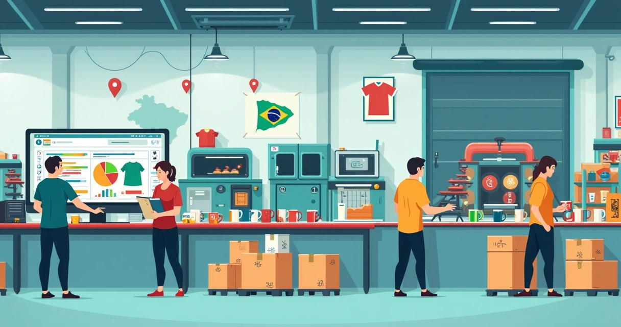 Ilustração de fábrica produzindo produtos personalizados em massa no Brasil 