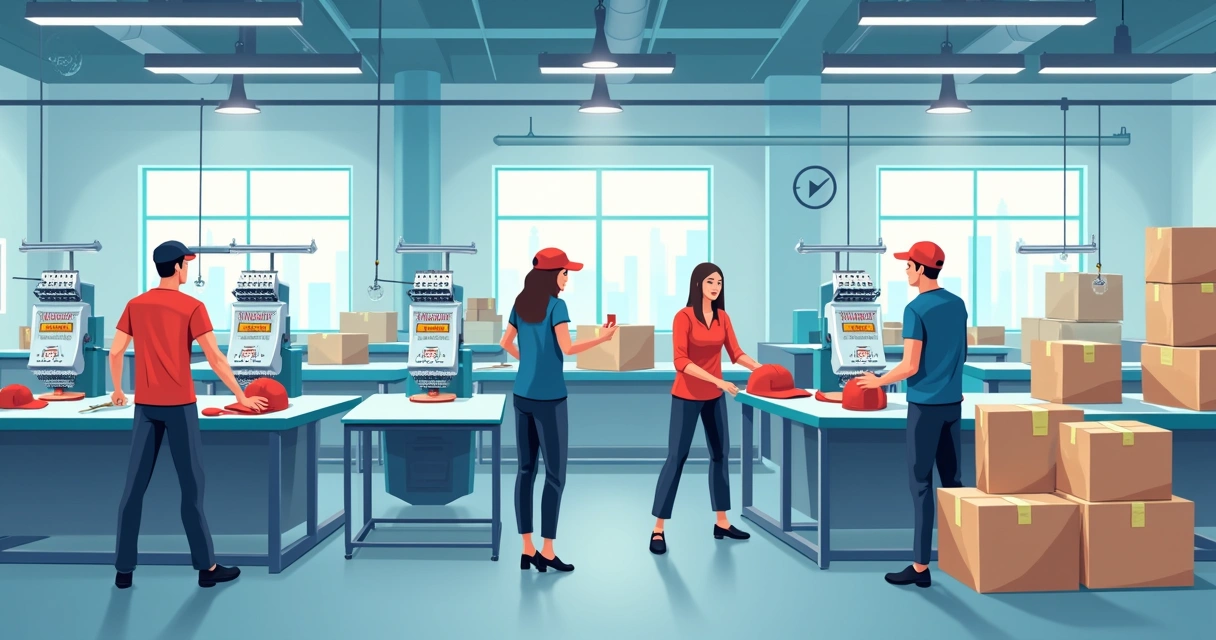 Linha de produção com máquinas bordando bonés, funcionários ajustando detalhes e caixas prontas para expedição 