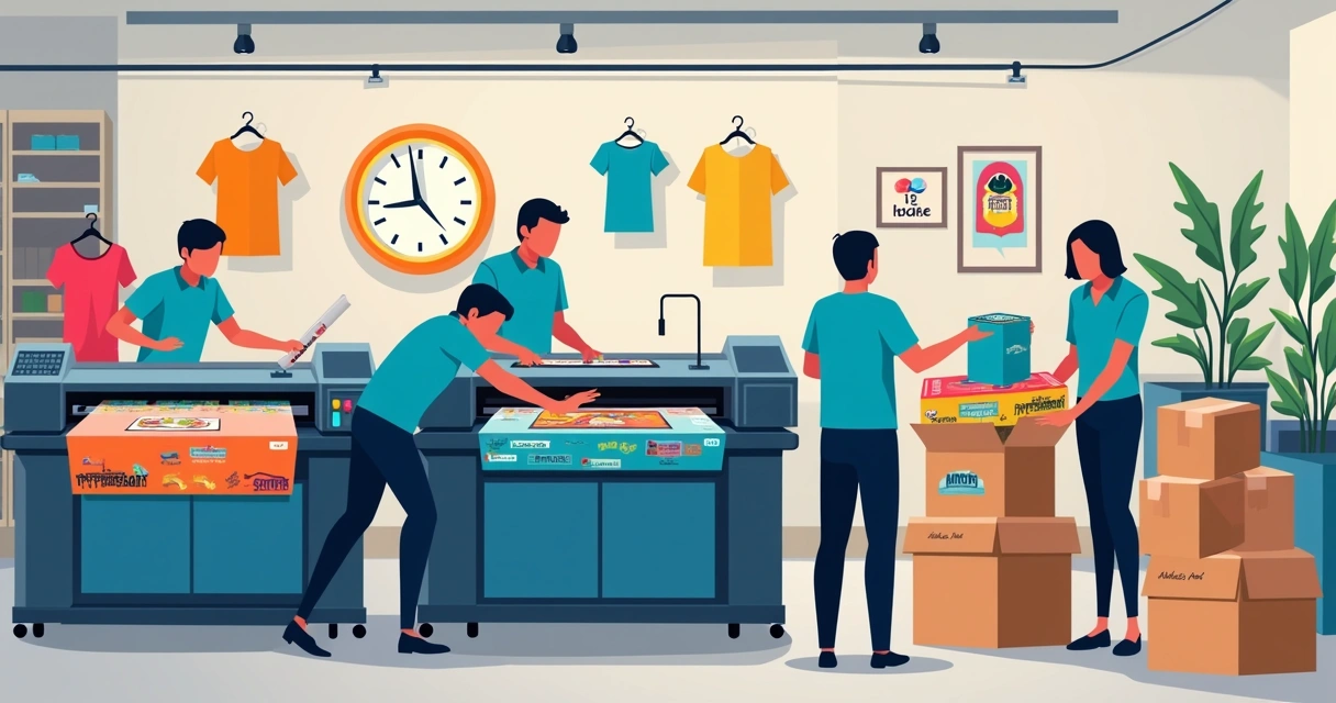 Funcionários preparados para produzir rapidamente camisetas personalizadas em fábrica