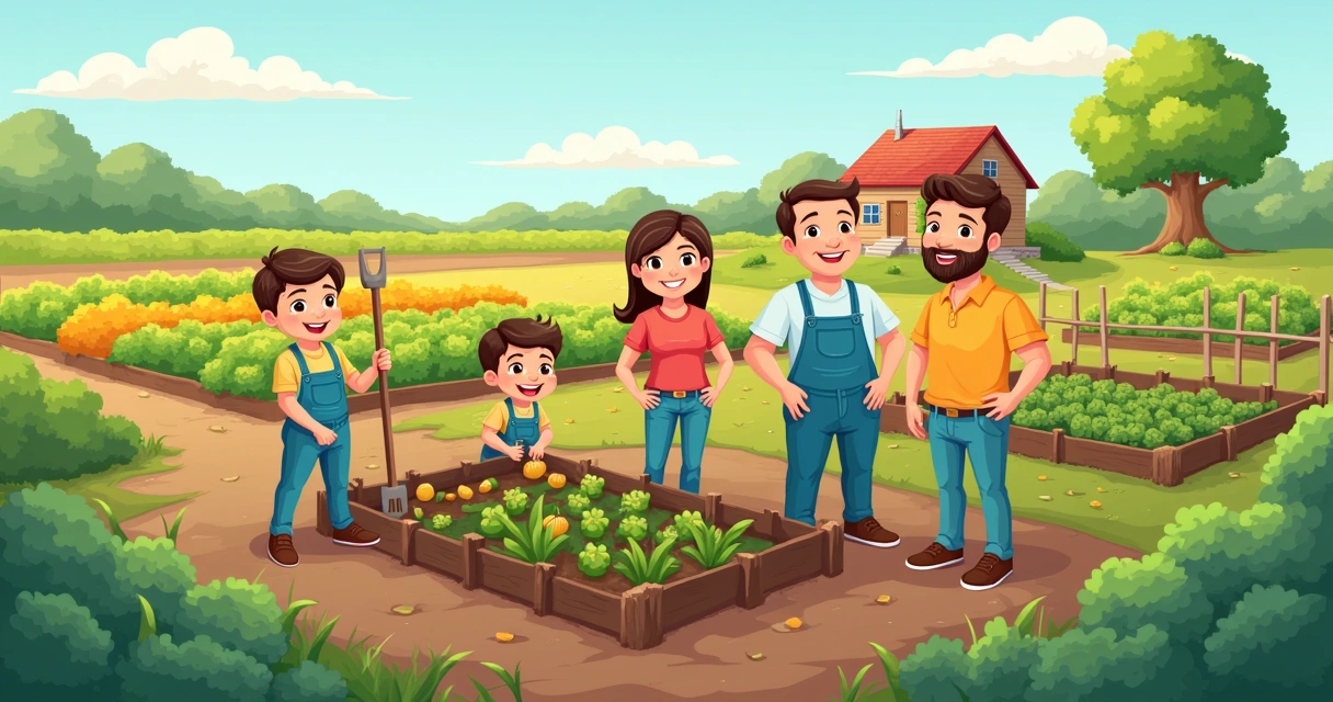 Família trabalhando na pequena produção rural com ferramentas manuais 