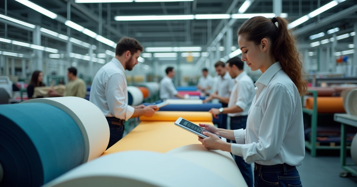 Linha de produção têxtil com tecidos e fichas técnicas 