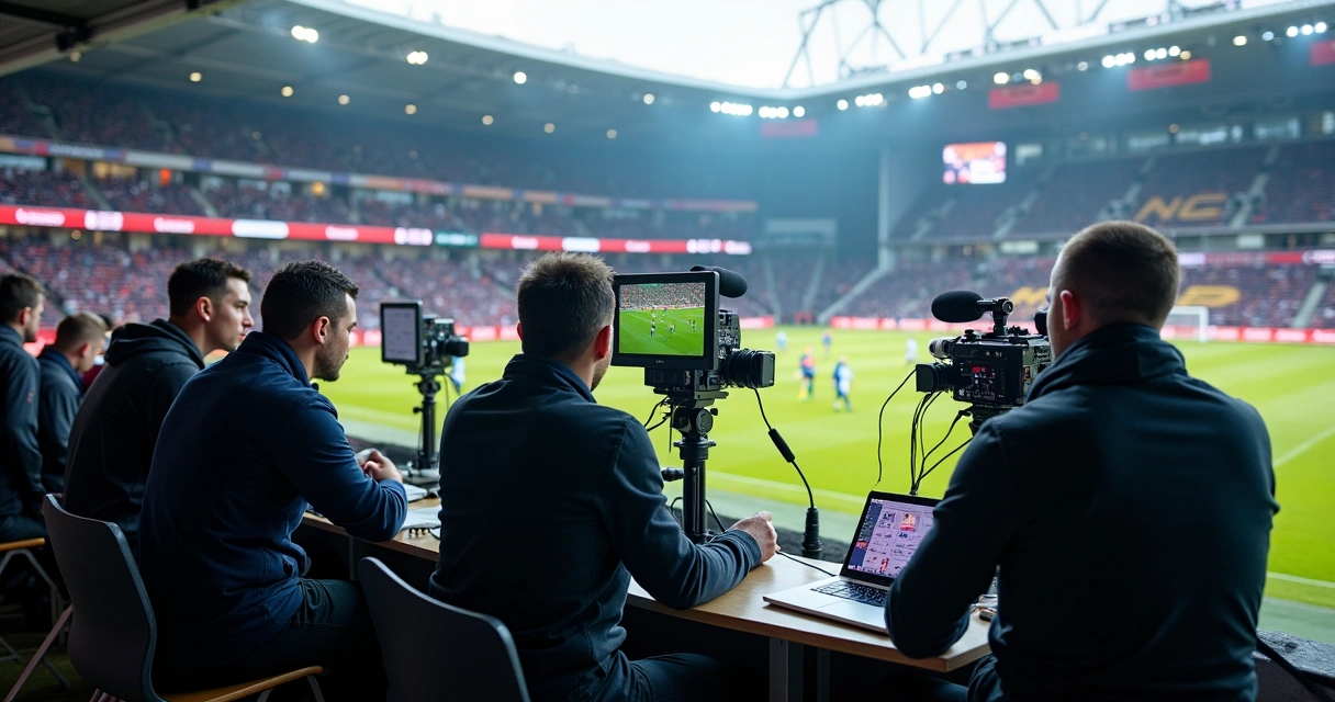 Equipe de produção gravando transmissão de futebol com câmeras 
