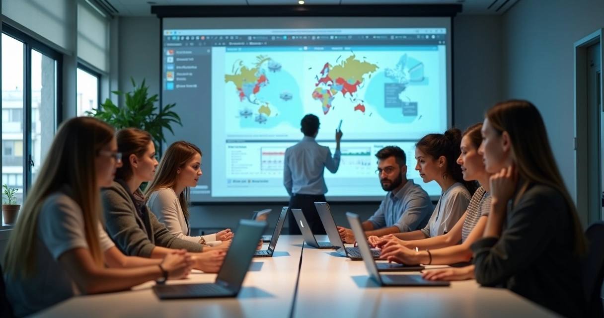Equipe reunida ao redor de mesa de trabalho com computadores e apresentação digital
