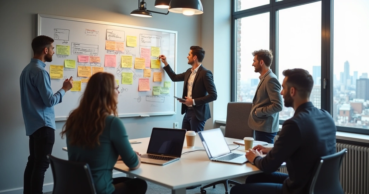 Team brainstorming with sticky notes on glass wall 