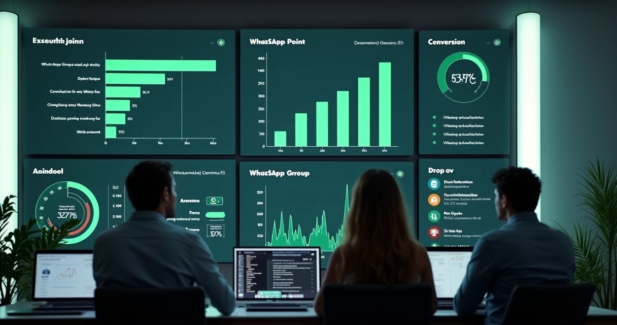 Dashboard with charts tracking WhatsApp group performance and real-time join statistics