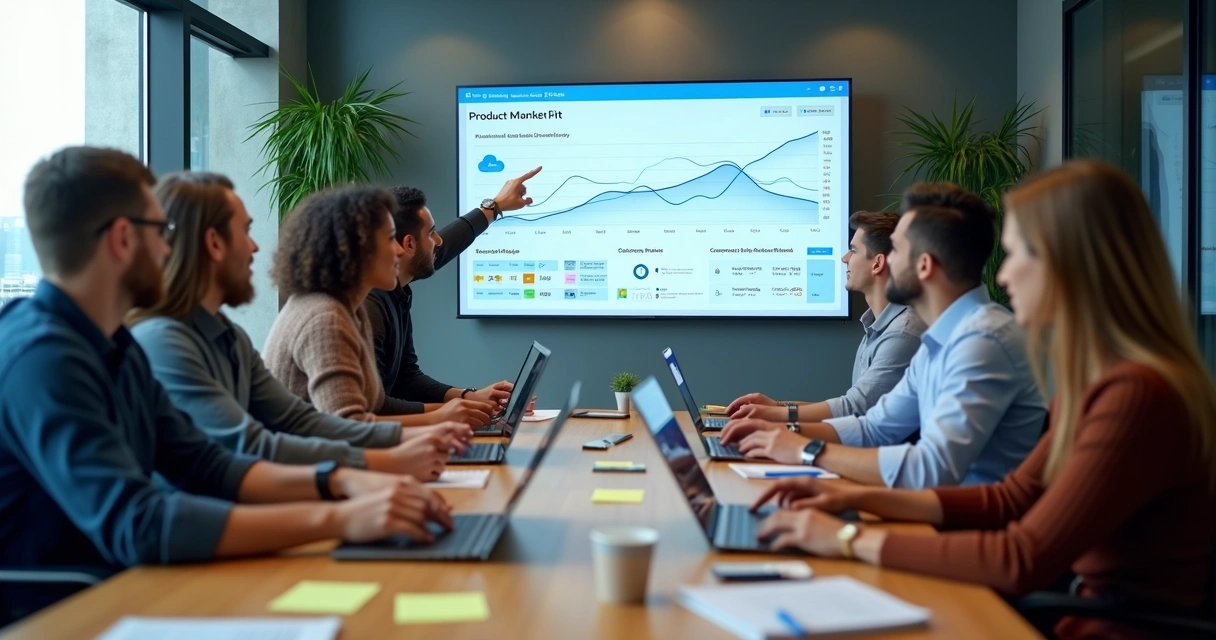 Dashboard de startup SaaS mostrando gráfico de crescimento e usuários felizes em reunião 