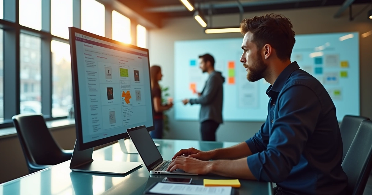 Product owner revisando projetos de desenvolvimento low-code em ambiente de escritório moderno 