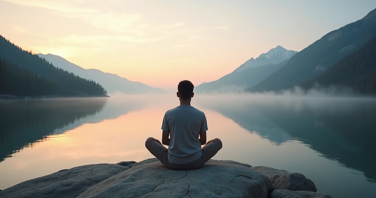 Person sitting alone on a rock by a calm mountain lake at sunrise 