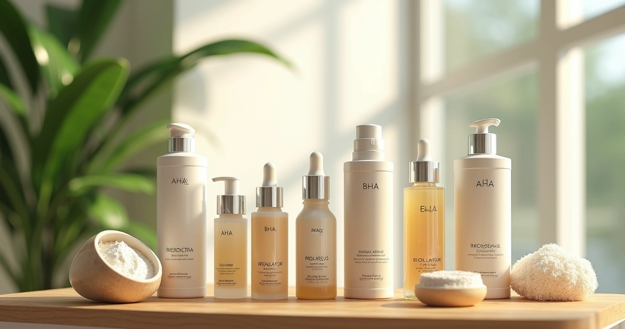 Diferentes tipos de exfoliantes físicos y químicos sobre una mesa 