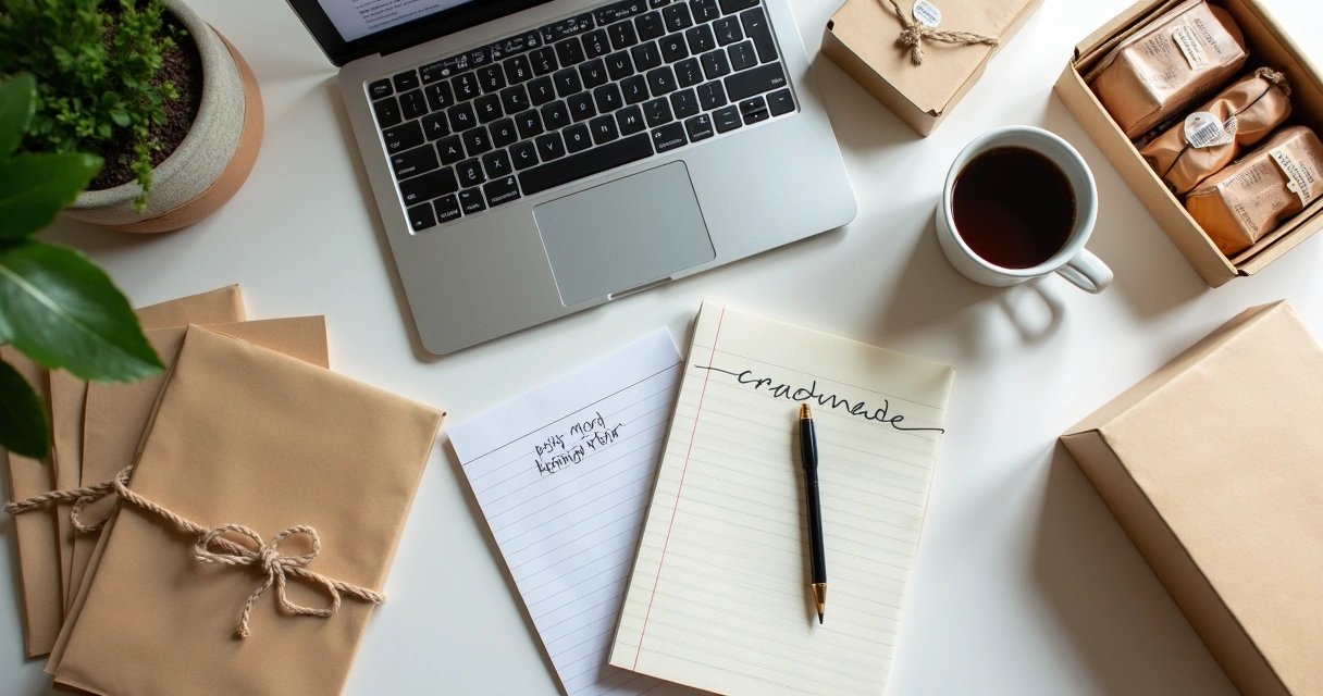 Vista superior de productos organizados y computadora en una mesa de trabajo 