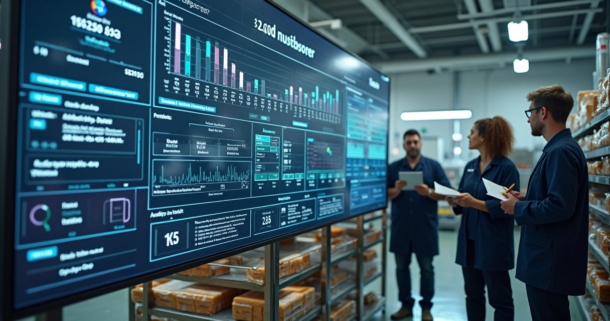 Equipe de produção de alimentos revisando painel digital de metas