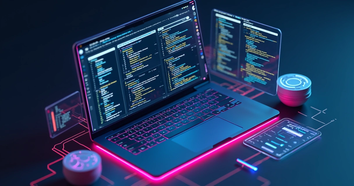 Interface 3D de software com múltiplos modelos de IA rodando em paralelo para programação e desenvolvimento ágil 