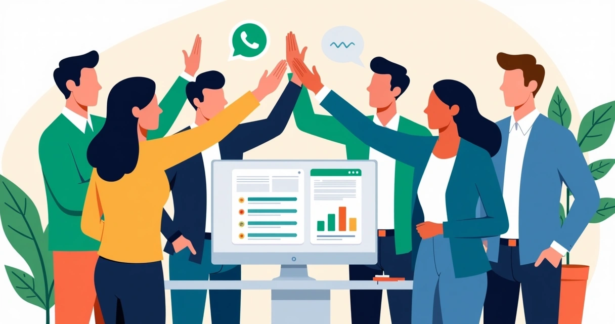 Equipe de vendas animada usando CRM integrado ao WhatsApp 