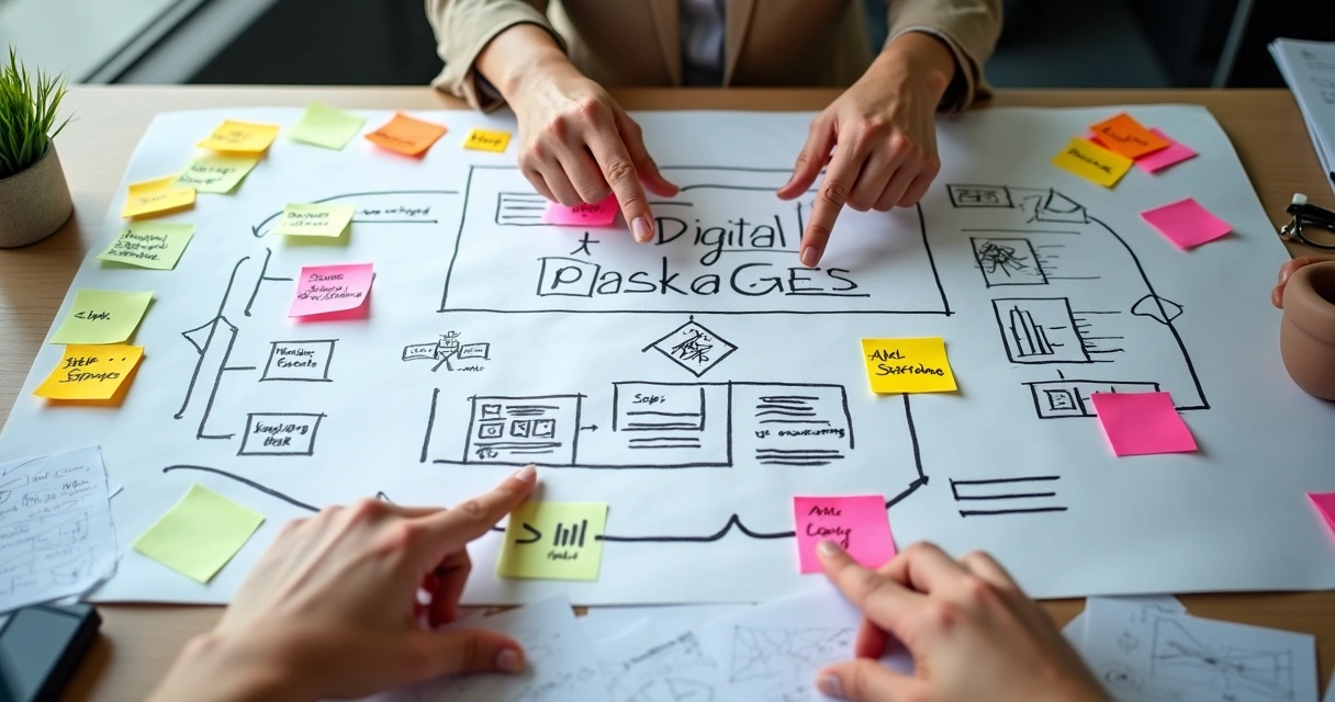 Quadro branco com esquemas de pacotes de serviços digitais desenhados e post-its coloridos 