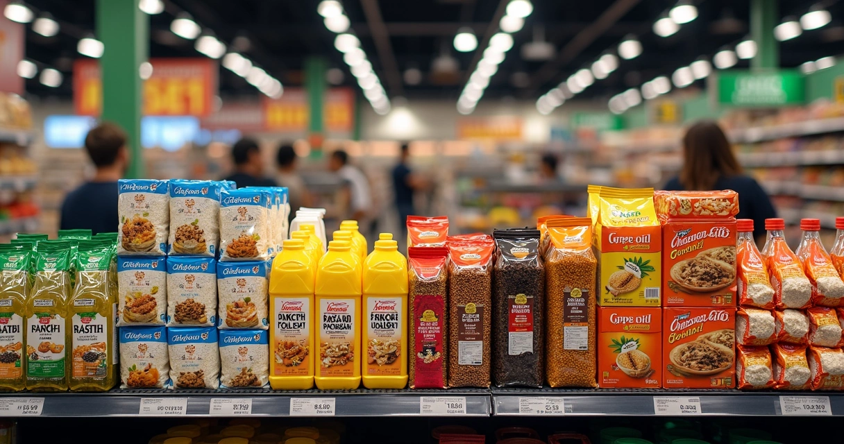 Produtos da cesta básica em um supermercado 
