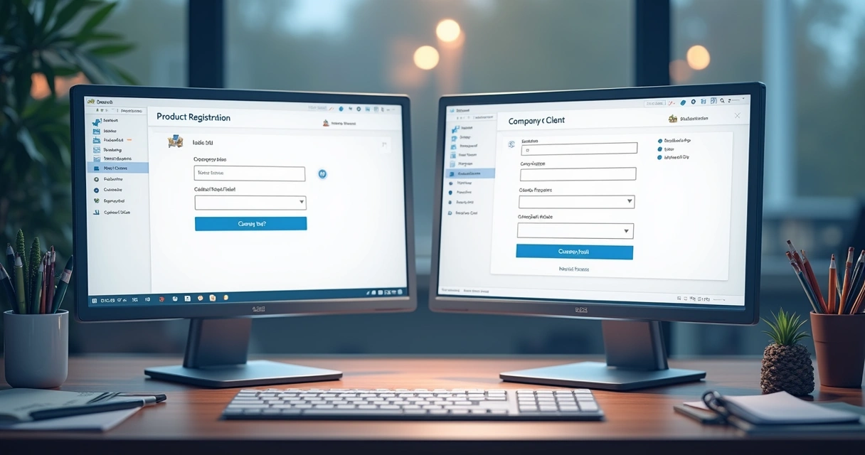 Cadastro de produto e cliente em sistema ERP tela dupla 