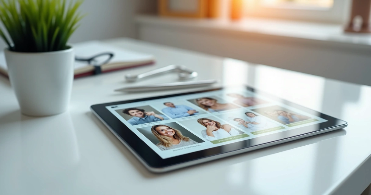 Brochura digital de clínica odontológica aberta na tela de um tablet mostrando tratamentos