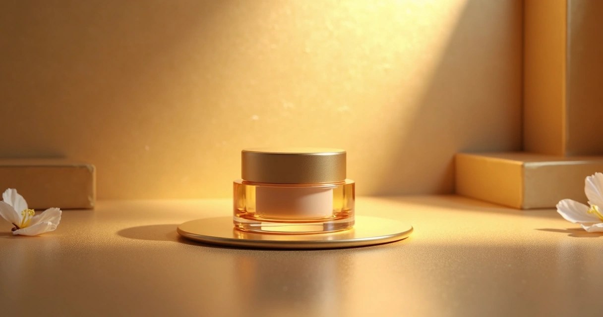 Produto em fundo luxuoso com textura dourada e iluminação suave realçando detalhes 