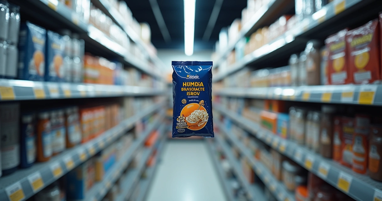 Produto em destaque iluminado entre vários itens genéricos em prateleira lotada 