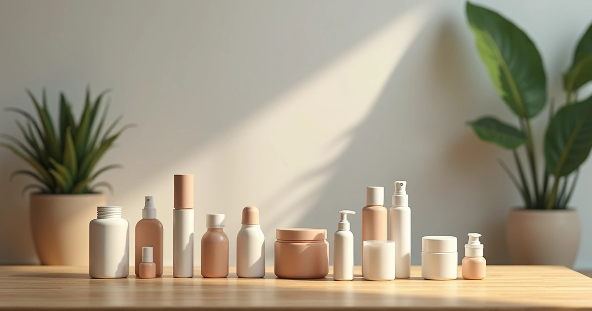 Mesa de madeira clara com diferentes produtos organizados, cada um iluminado de maneira destacada