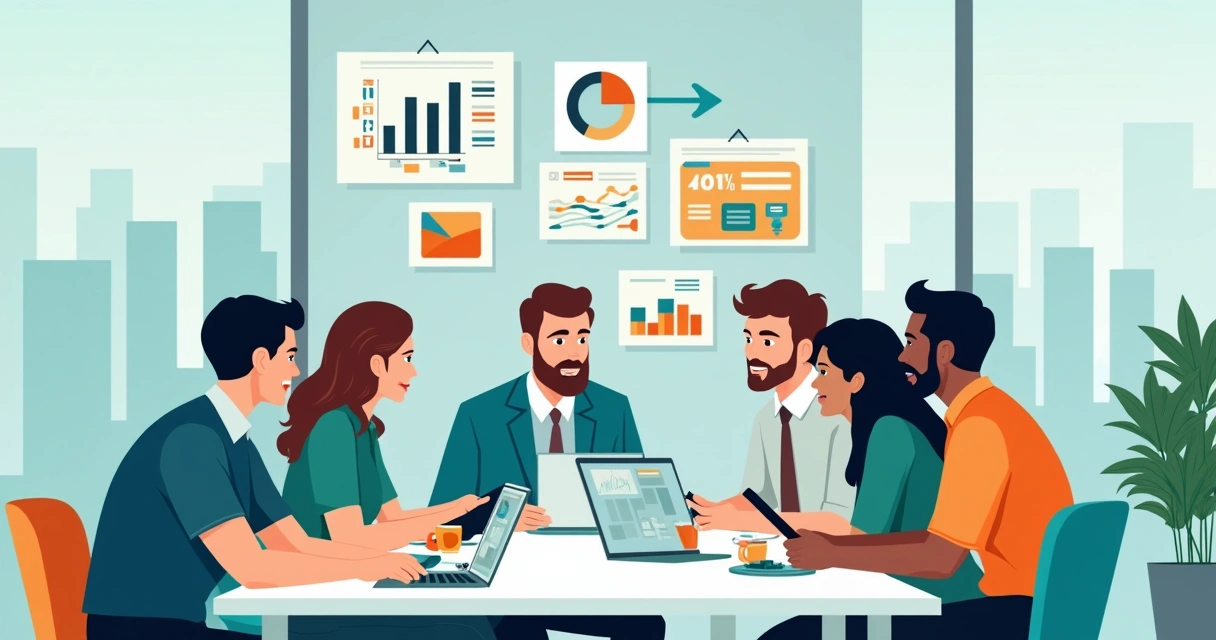 Grupo de pessoas ao redor de um computador desenvolvendo produtos digitais em ambiente moderno. 