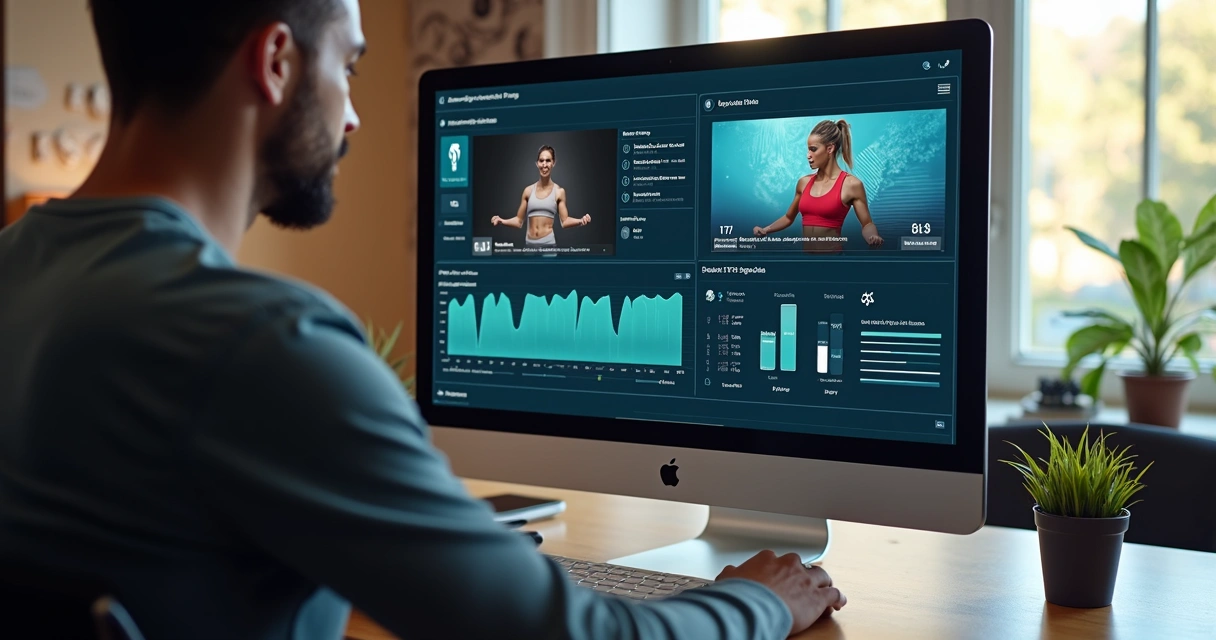 Tela de computador exibindo programa digital de treino esportivo com gráficos e vídeos 