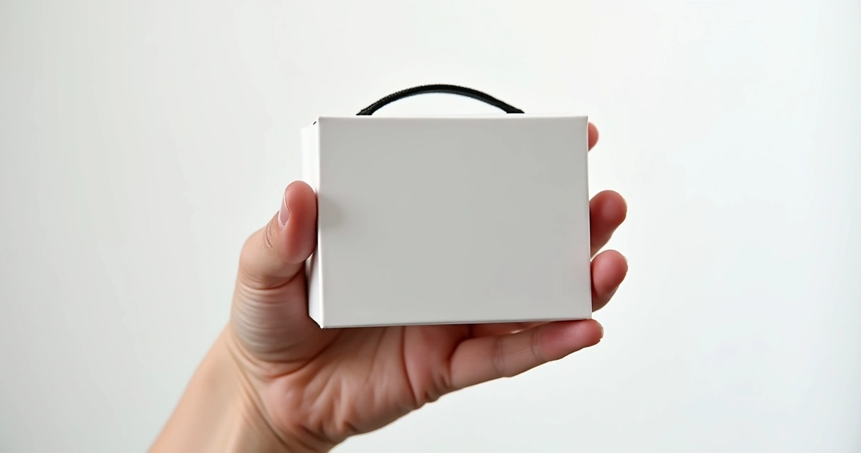 Produto em destaque em uma mão, fundo claro e foco no detalhe