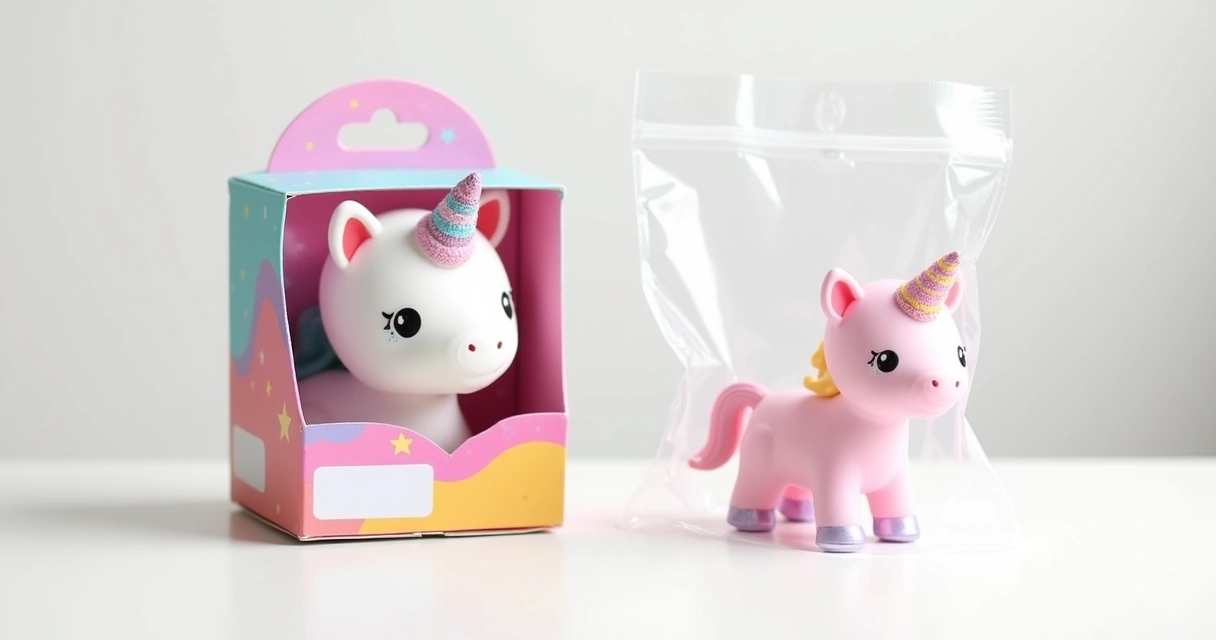 Produto em caixa personalizada colorida com etiqueta, ao lado de embalagem plástica simples em fundo branco 