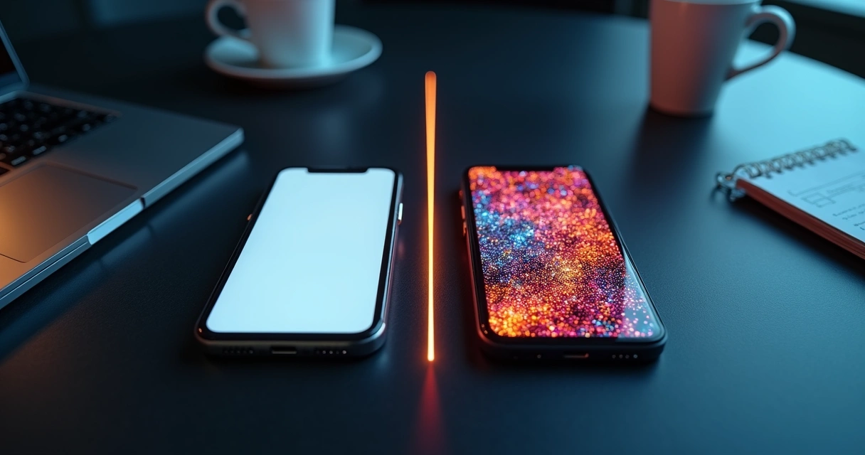 Tela de aplicativo simples em destaque ao lado de interface poluída e confusa 