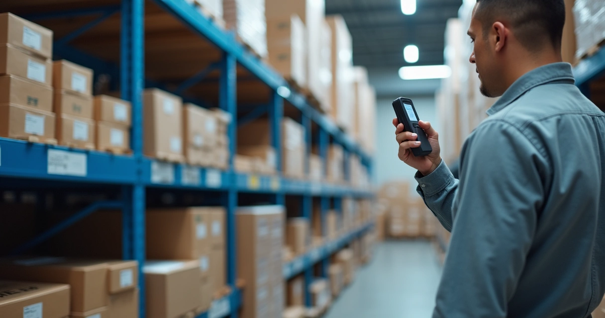 Funcionário usando leitor de código de barras em produto de estoque 