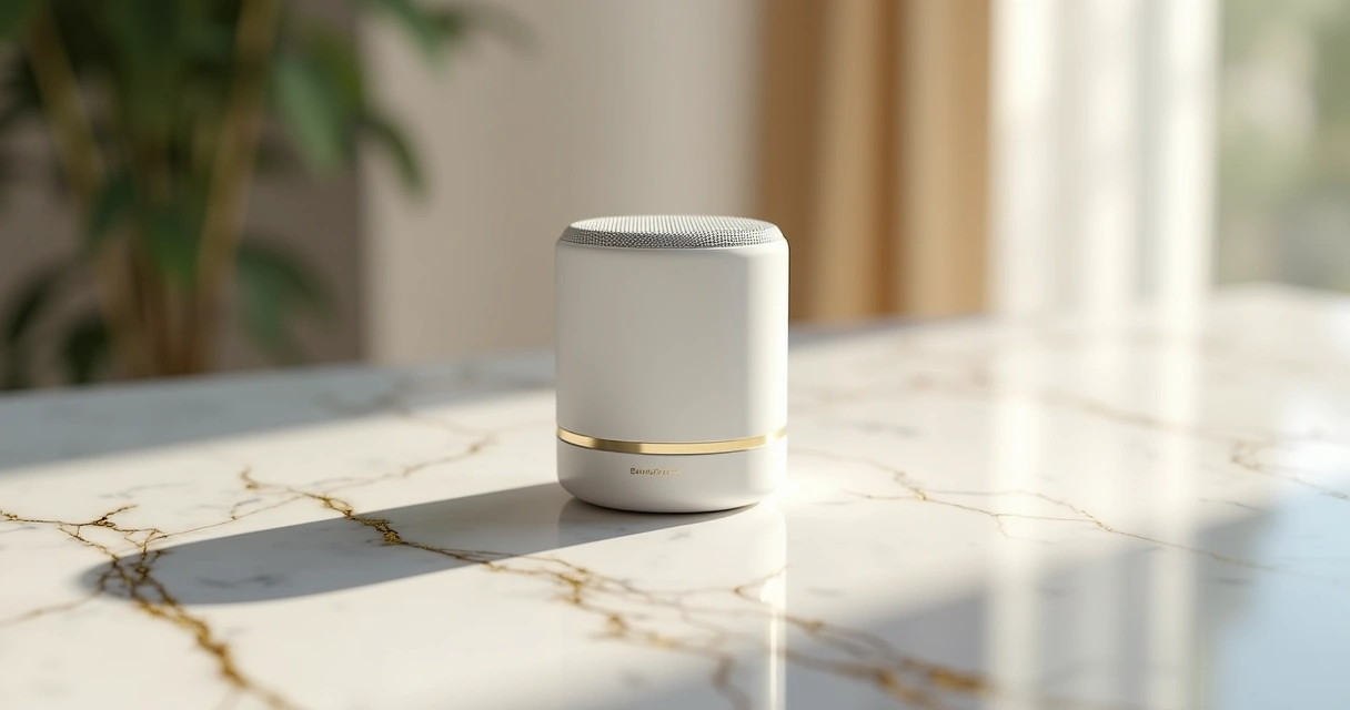 Produto em fundo de mármore branco com detalhes dourados 