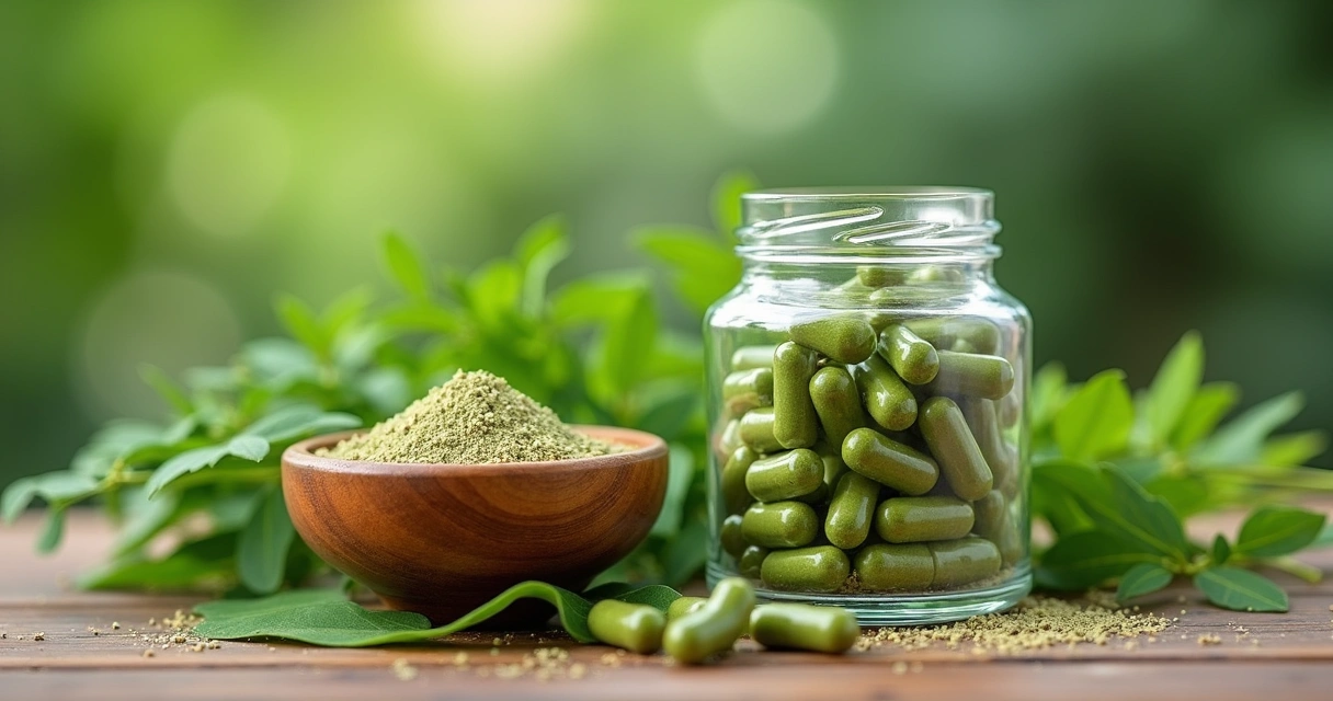 Cápsulas, pó e folhas de moringa expostos em mesa de madeira 