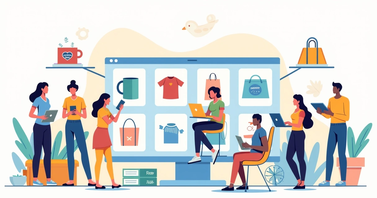 Ilustração de consumidores escolhendo produtos personalizados online. 