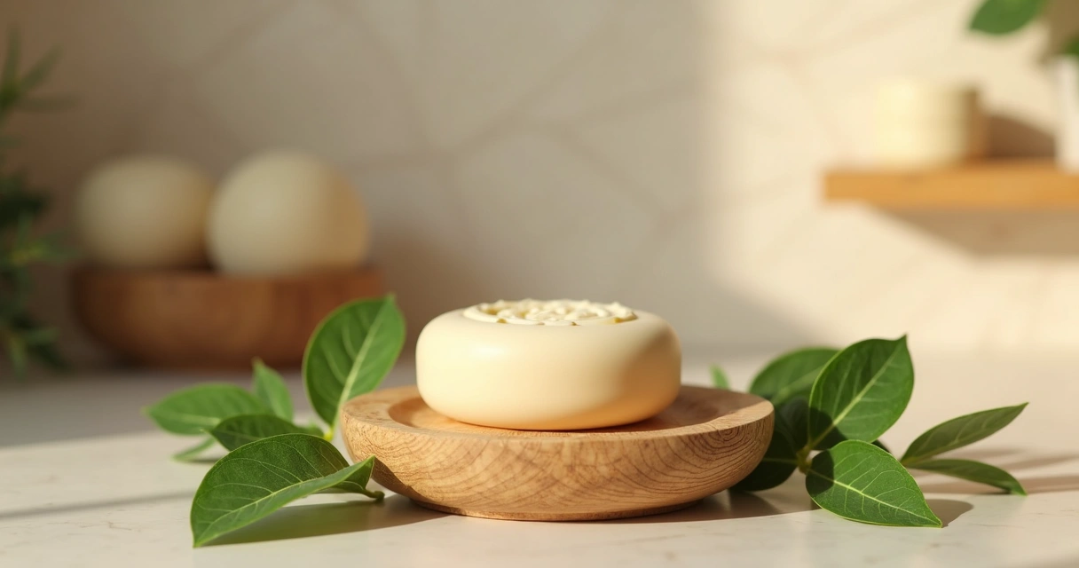 Barra de shampoo sólido natural sobre suporte de madeira com folhas verdes ao redor 