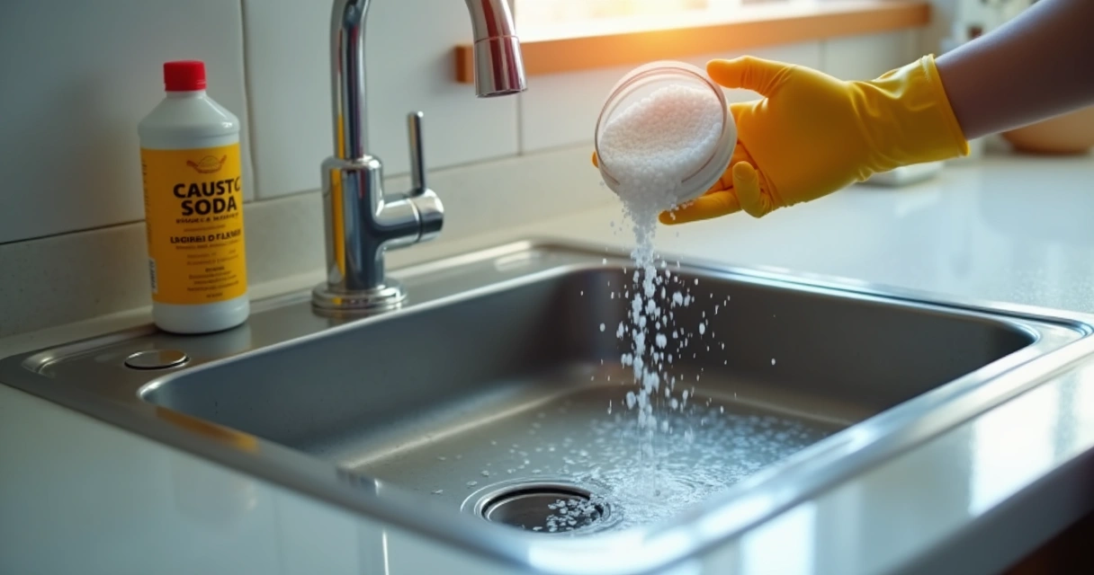 Pessoa com luvas despeja soda cáustica em um cano entupido 