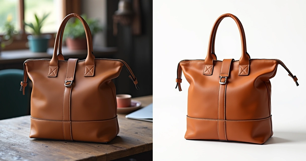 Foto de um produto antes e depois de ser melhorado por IA 