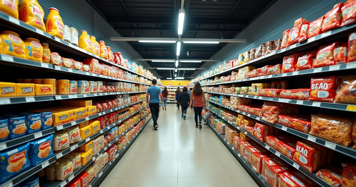 Prateleira de supermercado com alimentos ultraprocessados expostos