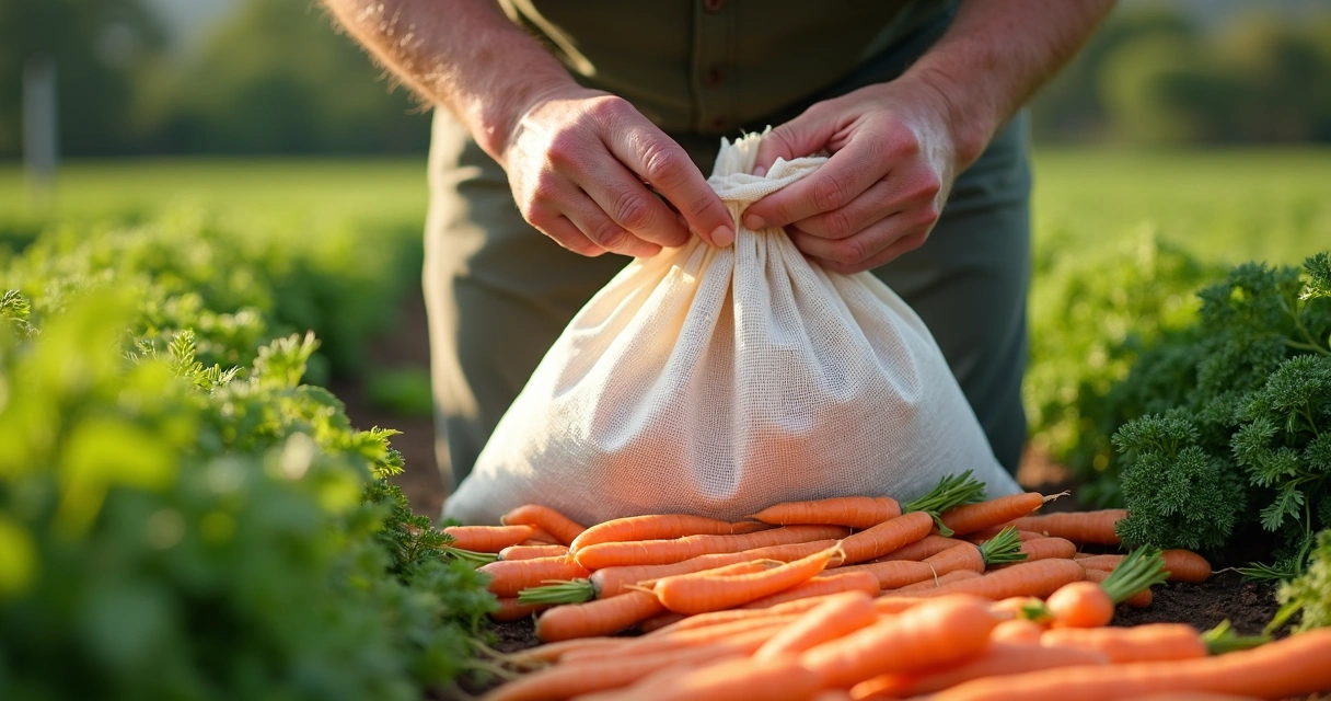 Agricultor embalando cenouras em saco de ráfia microperfurado 