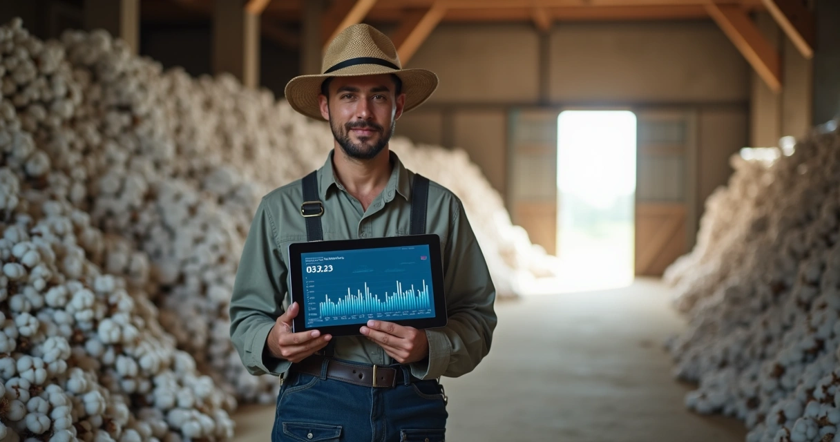 Produtor rural olhando gráfico de preços em tablet ao lado de sacas de algodão 