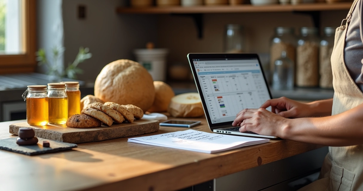 Produtor de alimentos artesanais organizando planilha ao lado de queijos e geleias em bancada de inox 