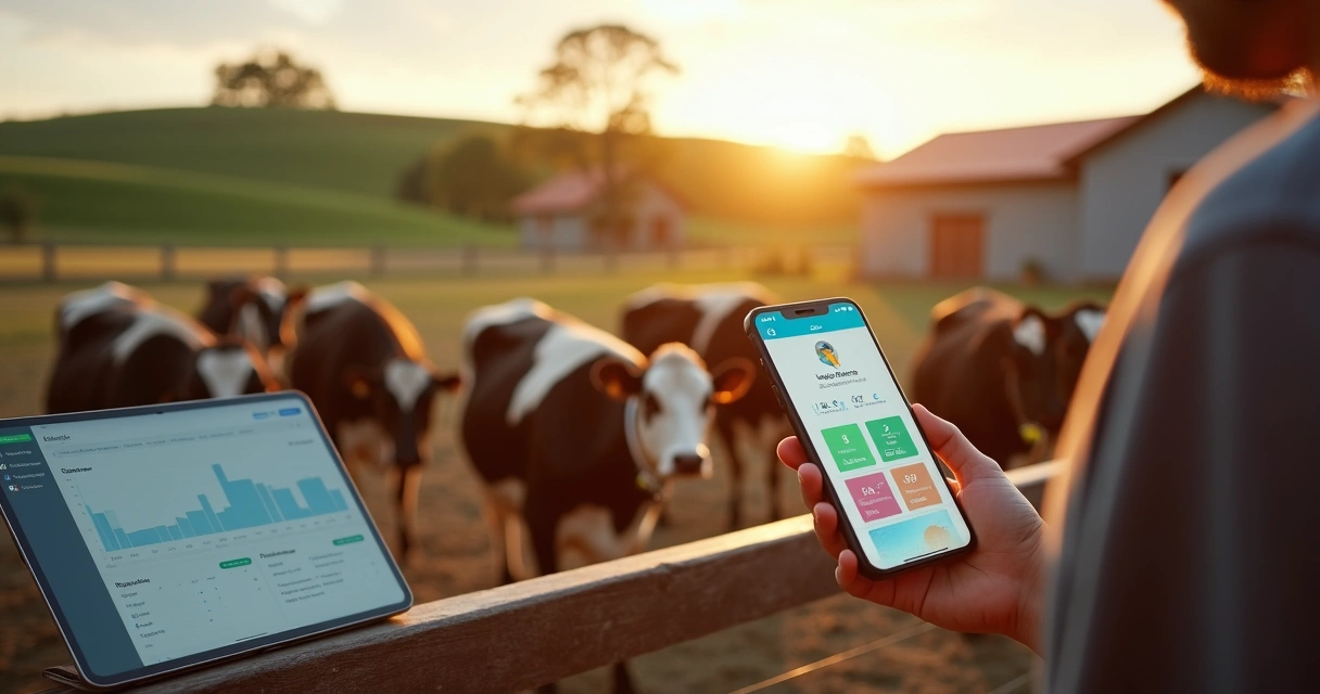 Produtor rural controla ciclo reprodutivo de vacas usando aplicativo no smartphone ao lado do curral 